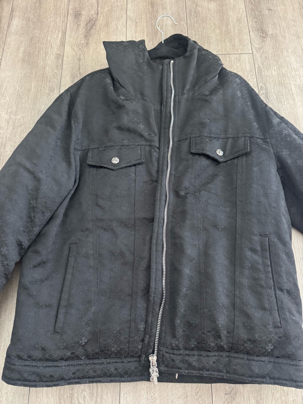 Chrome Hearts Black Hooded Puffer Jacket with Silver Zipper